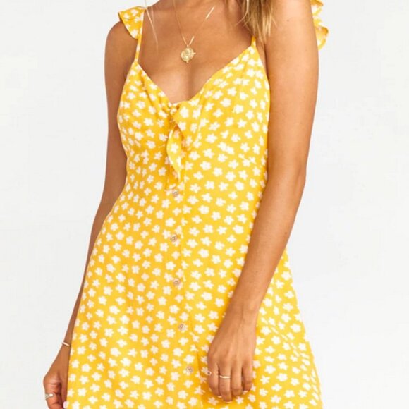 Show Me Your Mumu Sz L Yellow Spaghetti Strap Button Down Hula Mini Dress - Picture 1 of 16